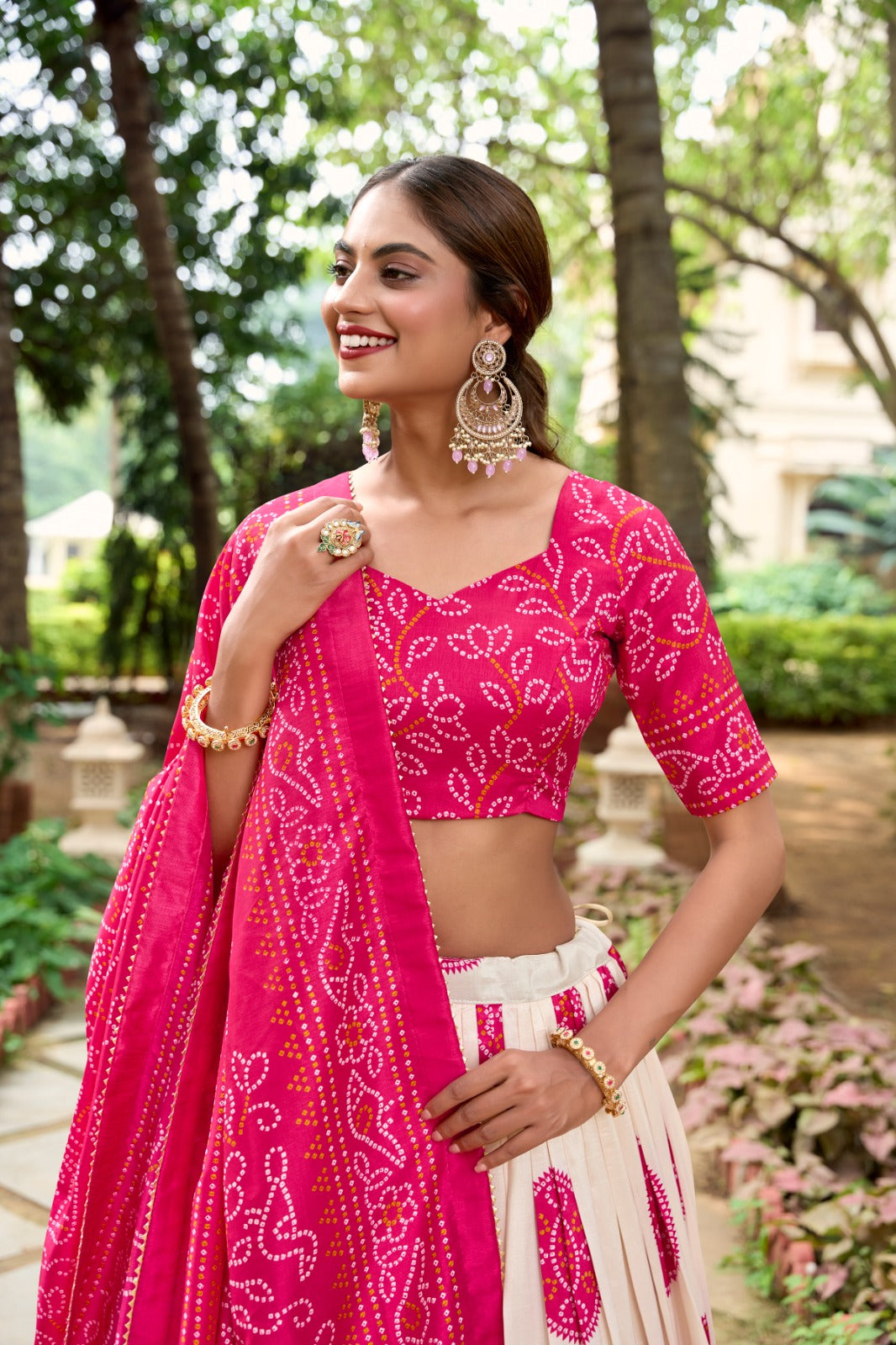 Pink Tasar Silk Bandhej Lehenga Choli Set With Dupatta
