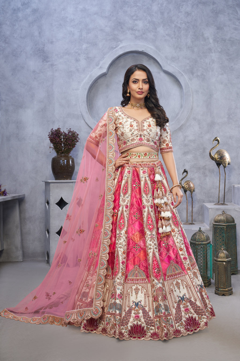 Pink Bridal Lehenga with Temple & Peacock Motifs
