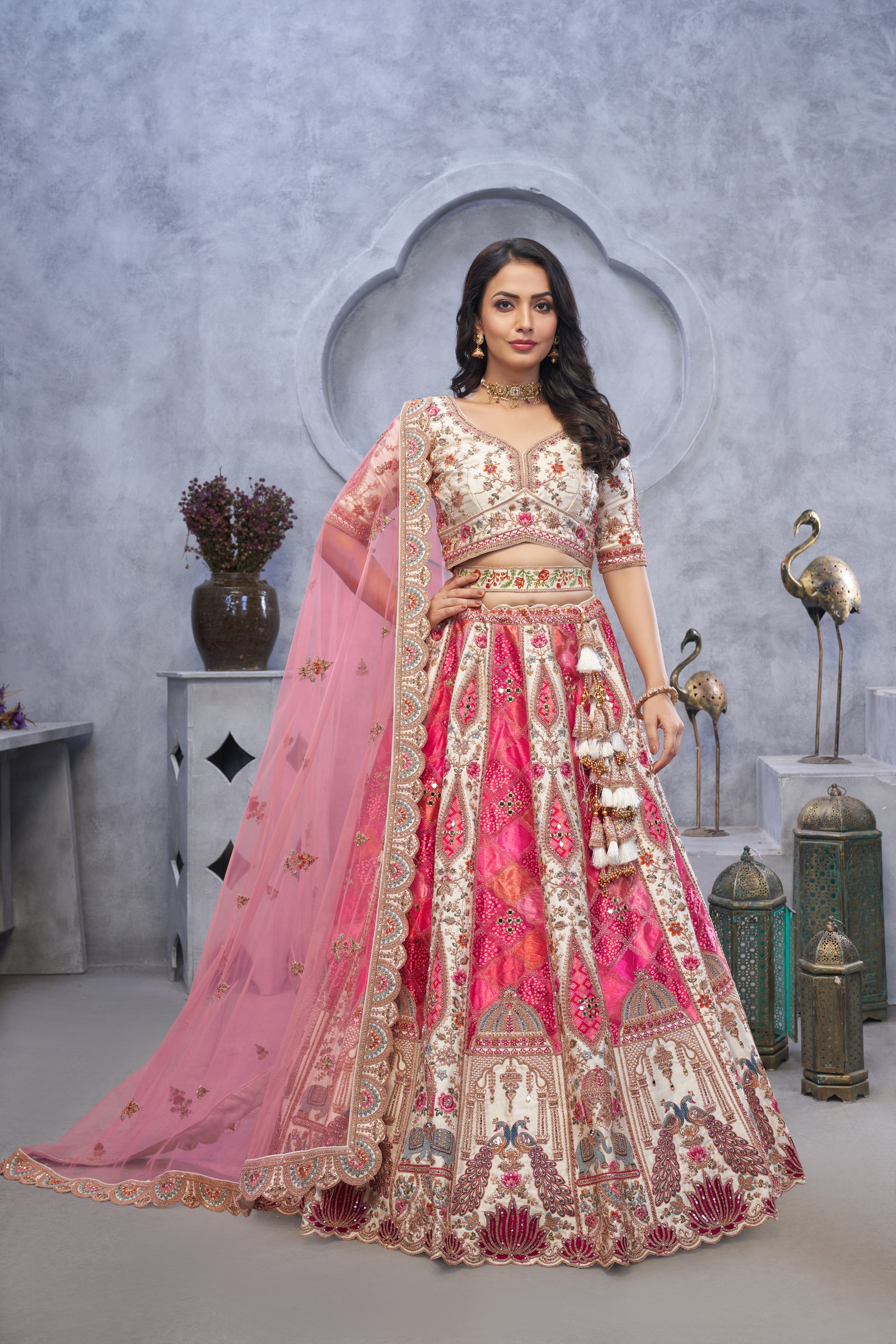Pink Bridal Lehenga with Temple & Peacock Motifs