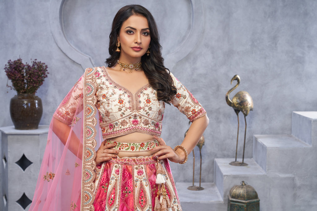 Pink Bridal Lehenga with Temple & Peacock Motifs
