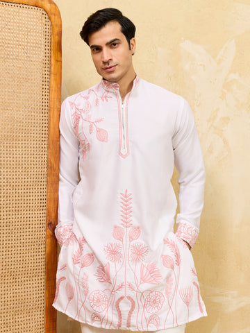 Signature White Khadi Silk Men’s Kurta with Pink Thread Work
