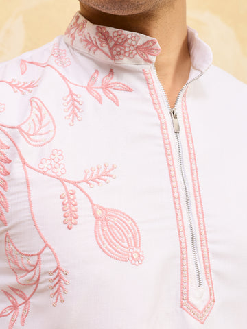 Signature White Khadi Silk Men’s Kurta with Pink Thread Work
