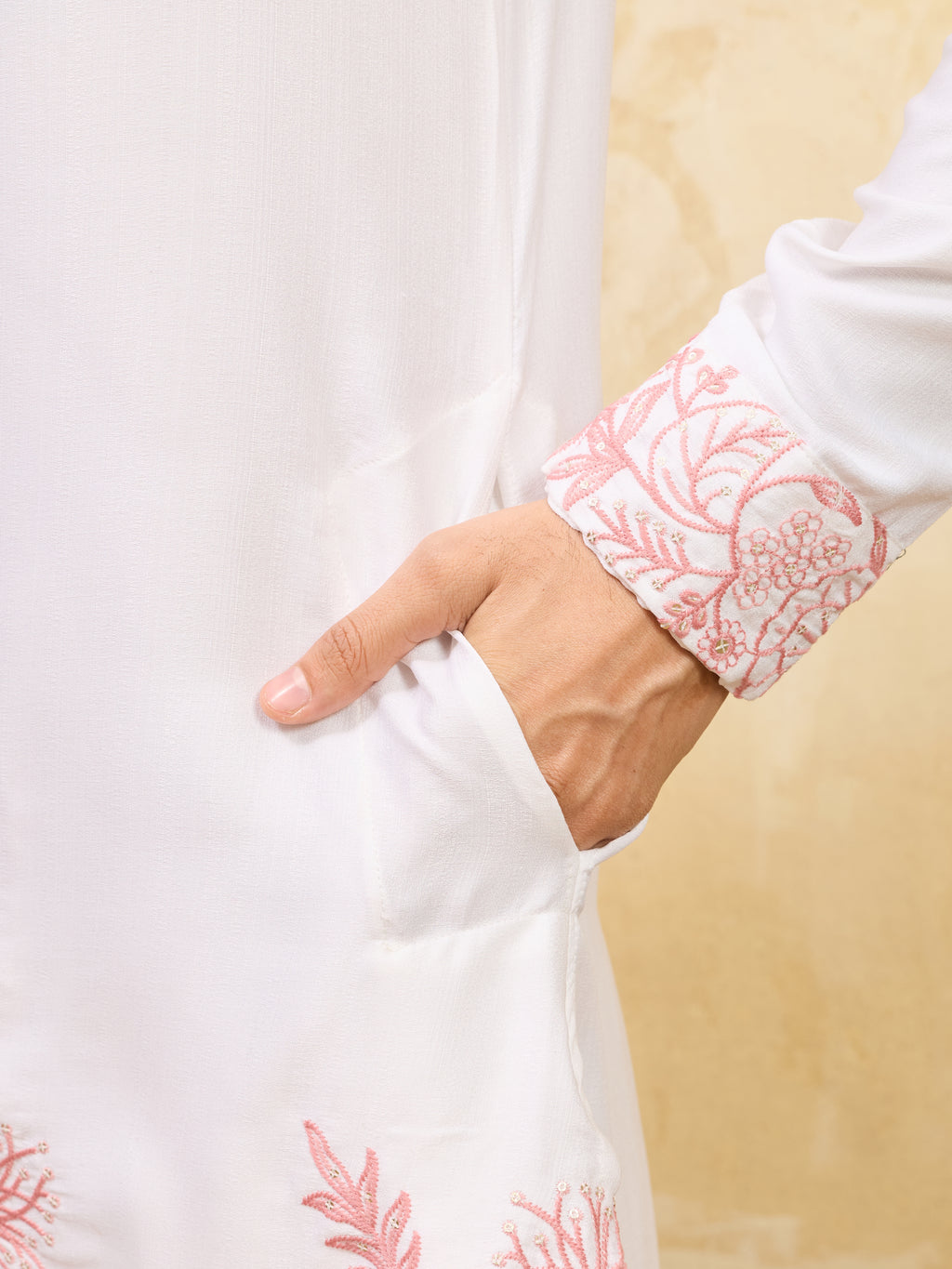 Signature White Khadi Silk Men’s Kurta with Pink Thread Work
