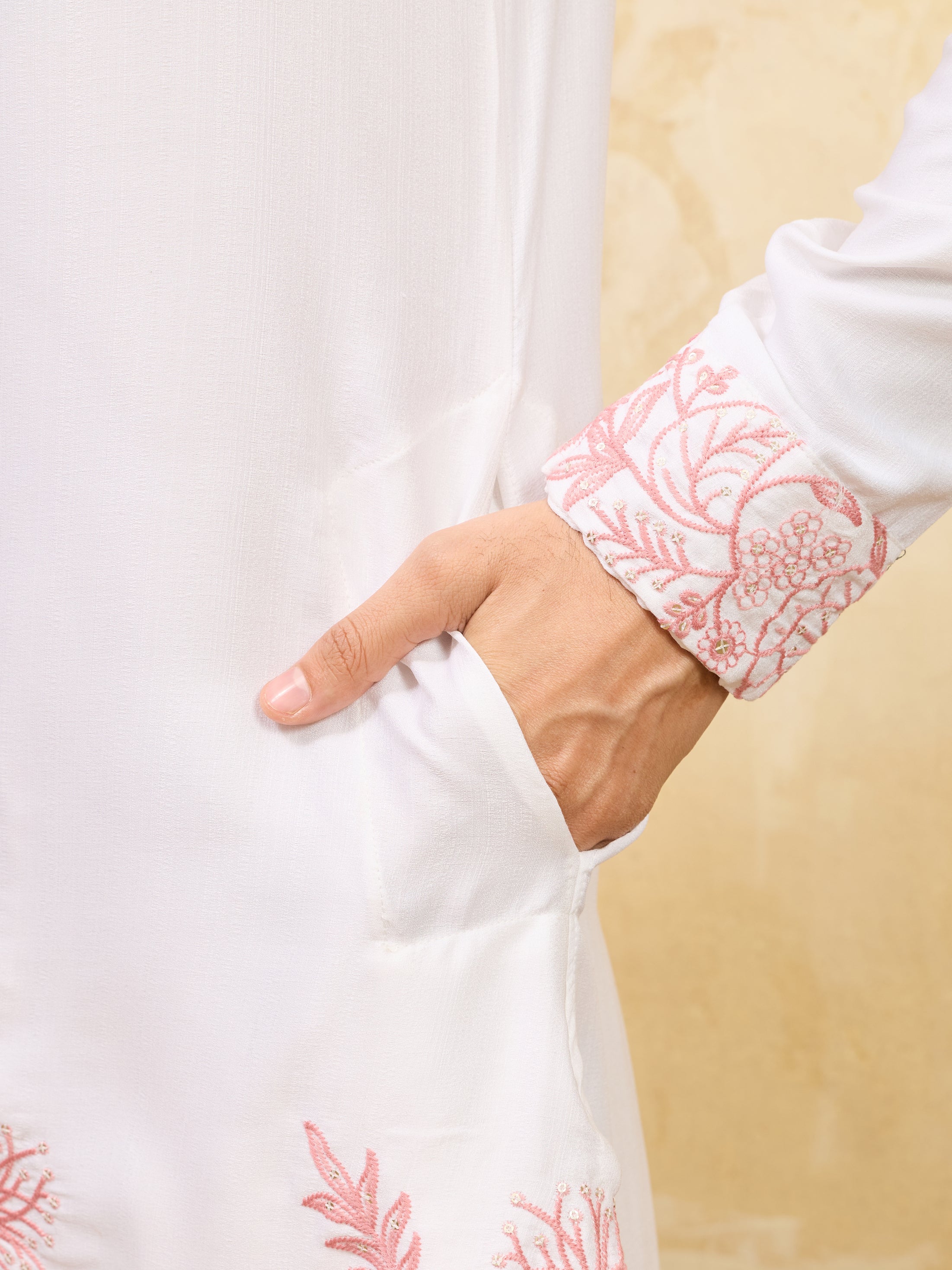 Signature White Khadi Silk Men’s Kurta with Pink Thread Work
