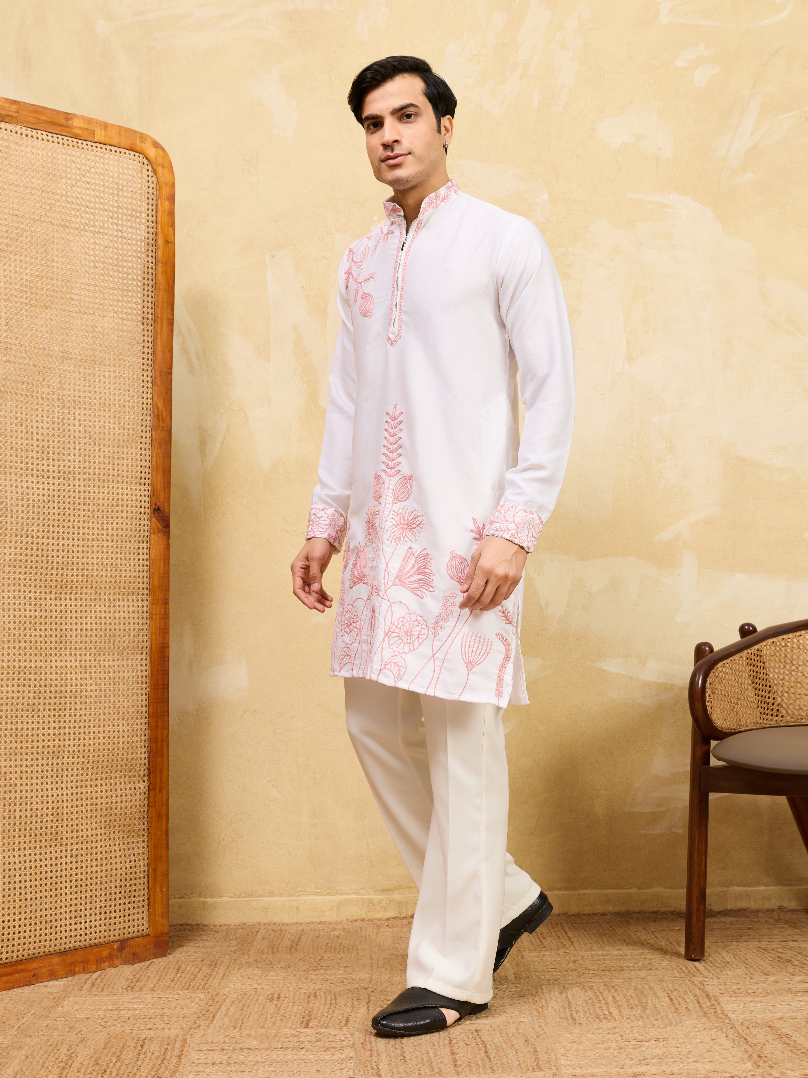 Signature White Khadi Silk Men’s Kurta with Pink Thread Work
