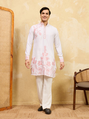 Signature White Khadi Silk Men’s Kurta with Pink Thread Work

