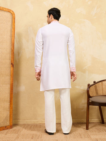 Signature White Khadi Silk Men’s Kurta with Pink Thread Work
