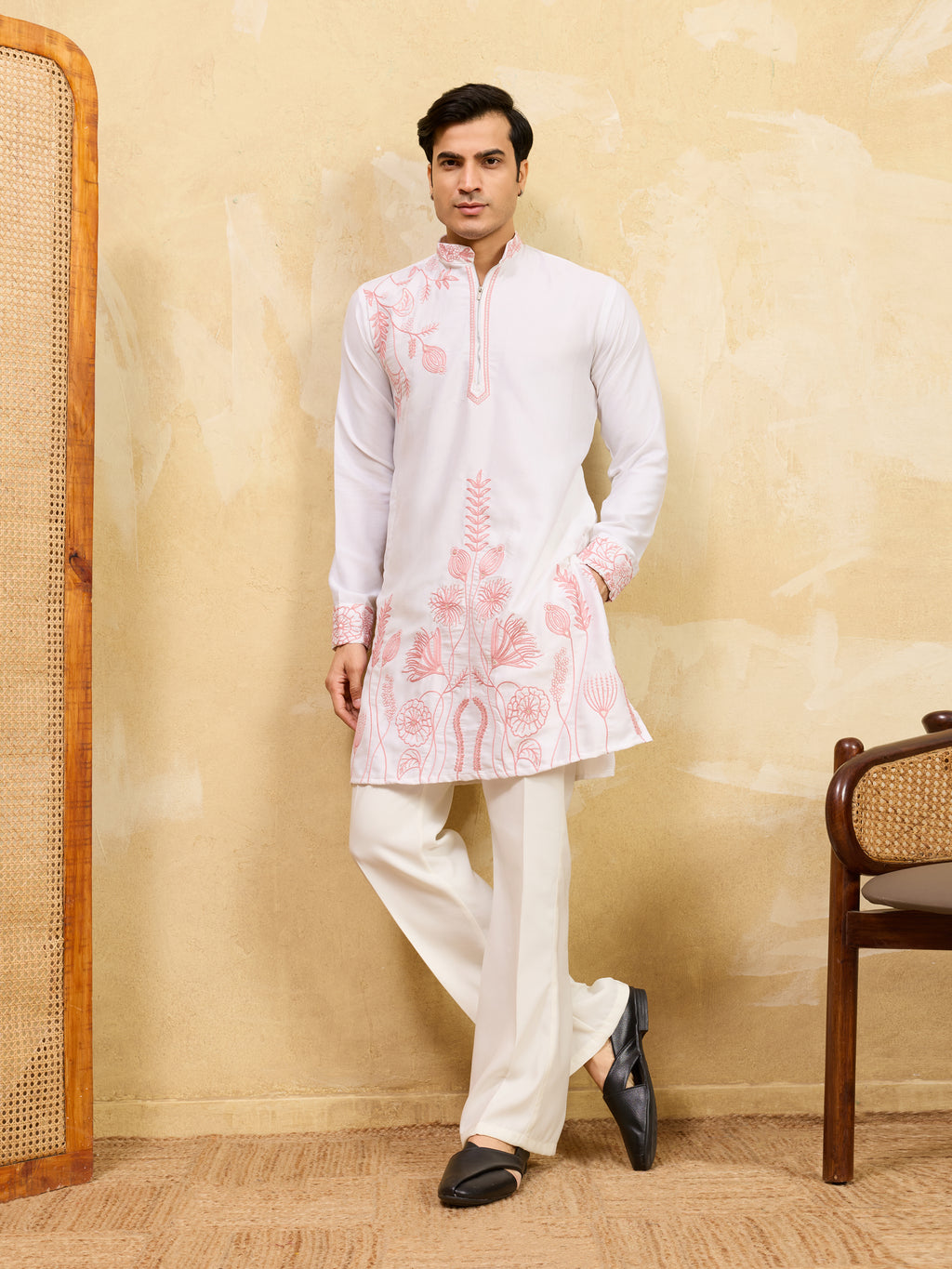 Signature White Khadi Silk Men’s Kurta with Pink Thread Work
