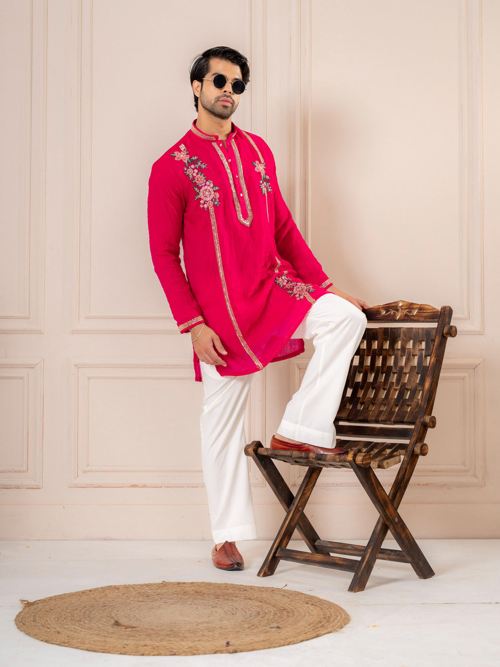 Rani Pink Tissue Thread Embroidered Kurta | Tulip Designer
