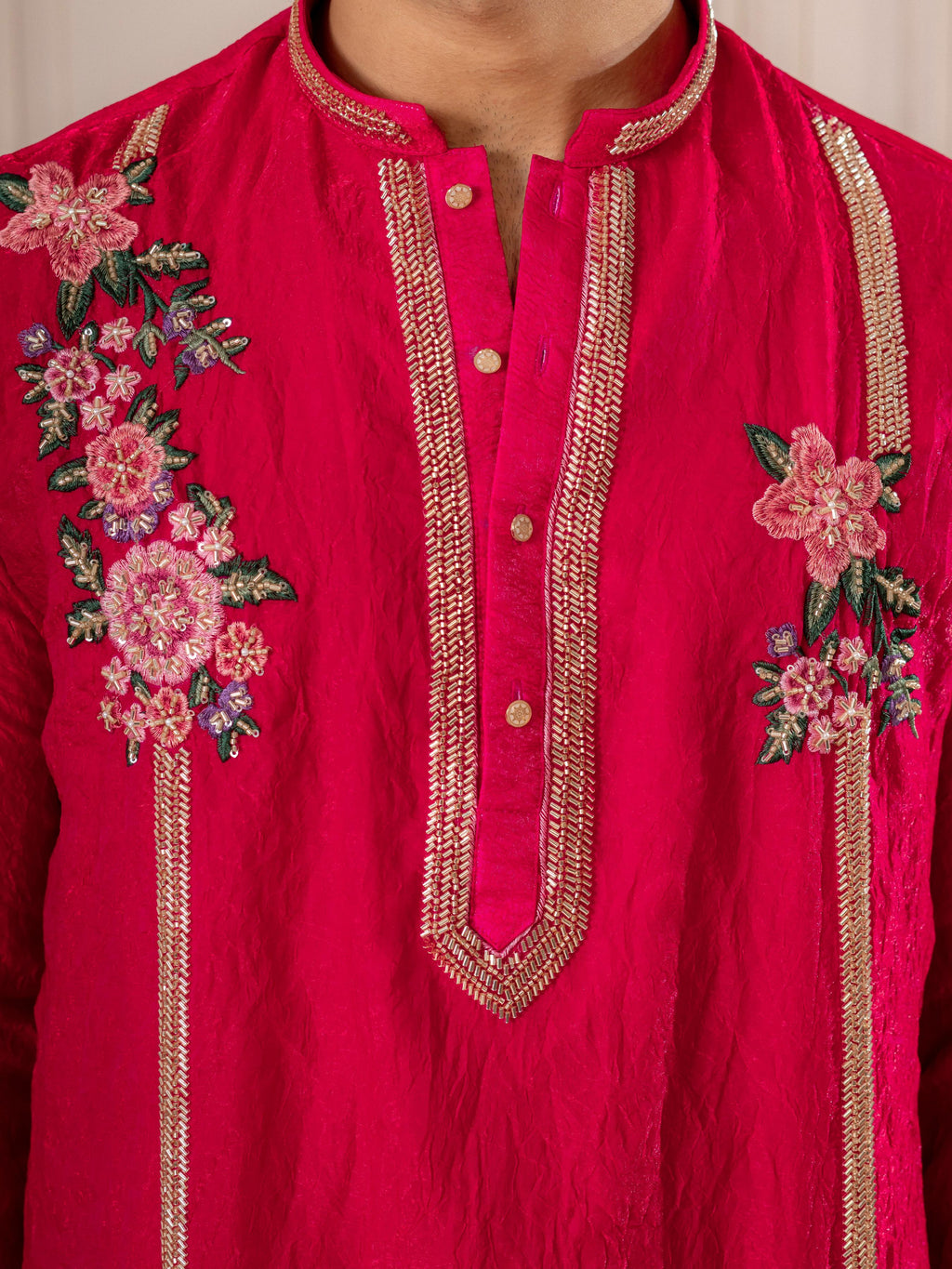 Rani Pink Tissue Thread Embroidered Kurta | Tulip Designer
