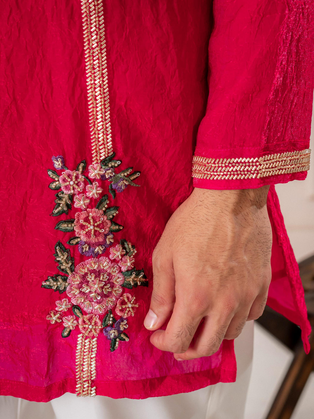 Rani Pink Tissue Thread Embroidered Kurta | Tulip Designer
