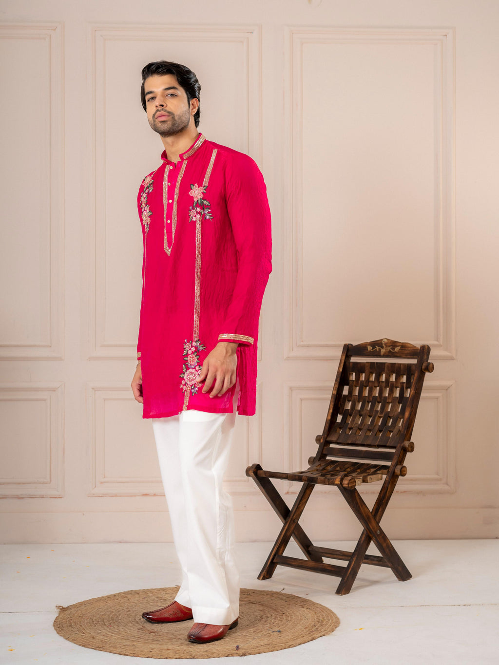 Rani Pink Tissue Thread Embroidered Kurta | Tulip Designer
