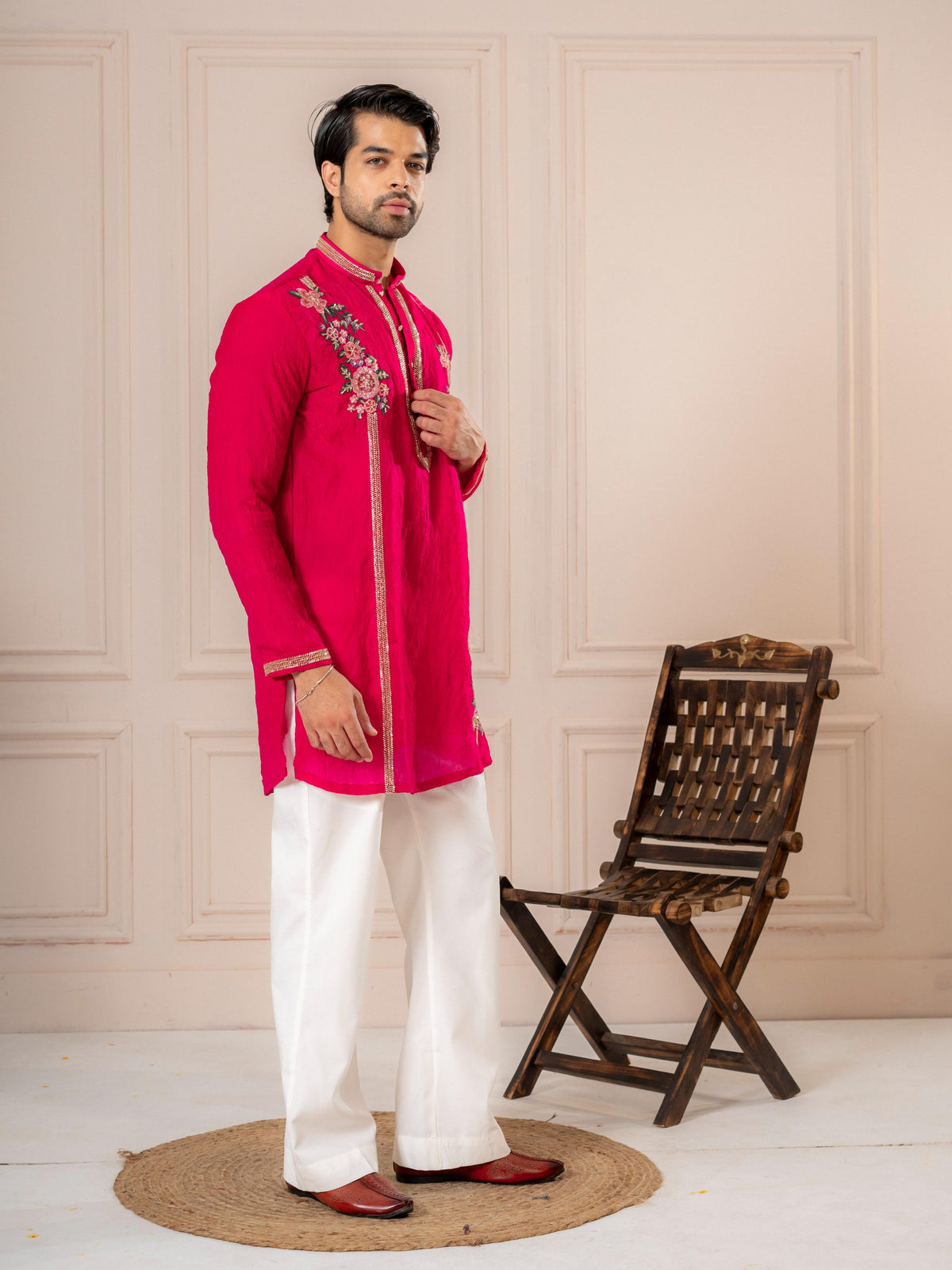 Rani Pink Tissue Thread Embroidered Kurta | Tulip Designer
