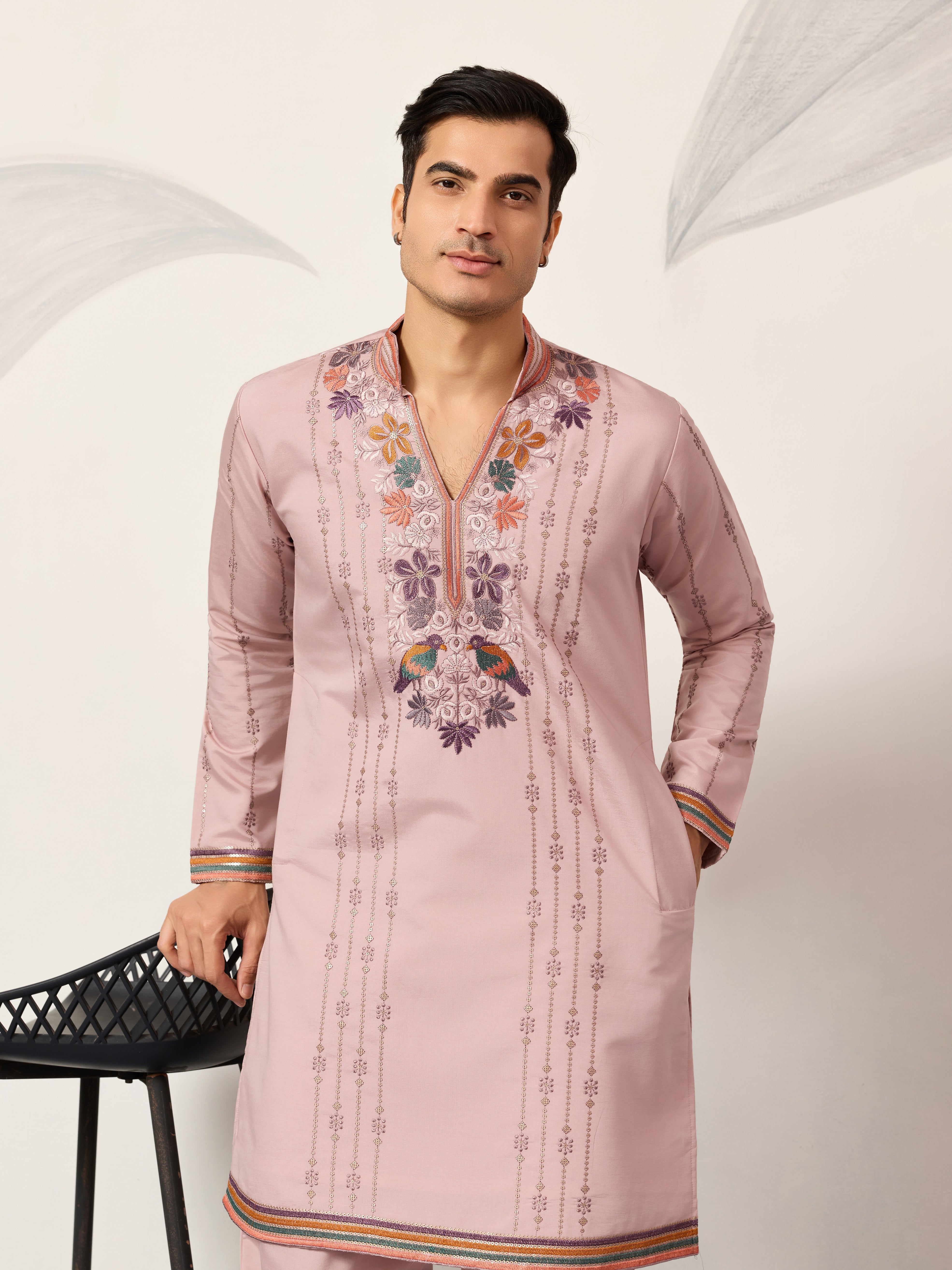 Classic Pink Embroidered V Neck Kurta Pant Outfit for Mens Wear