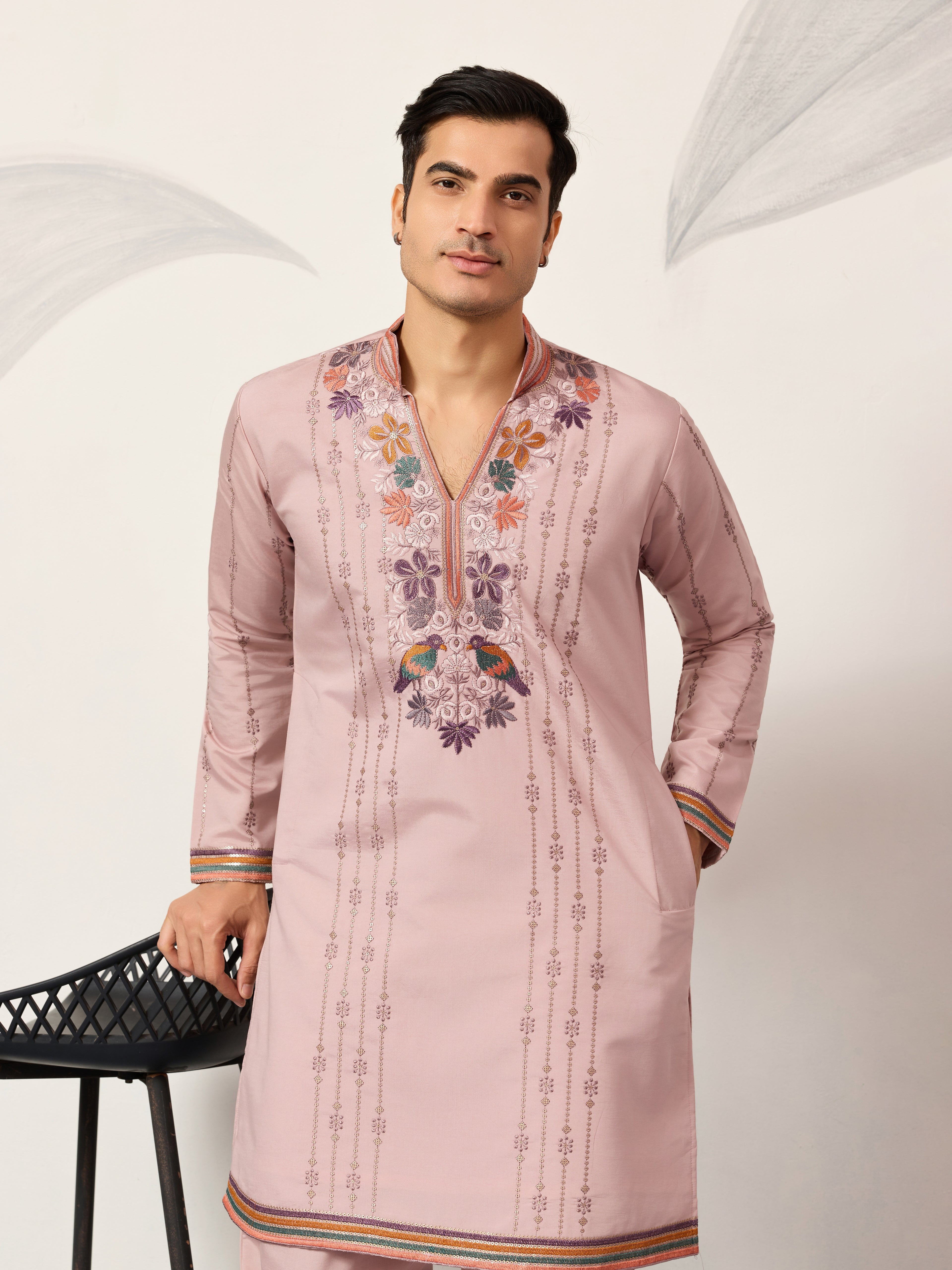 Classic Pink Embroidered V Neck Kurta Pant Outfit for Mens Wear