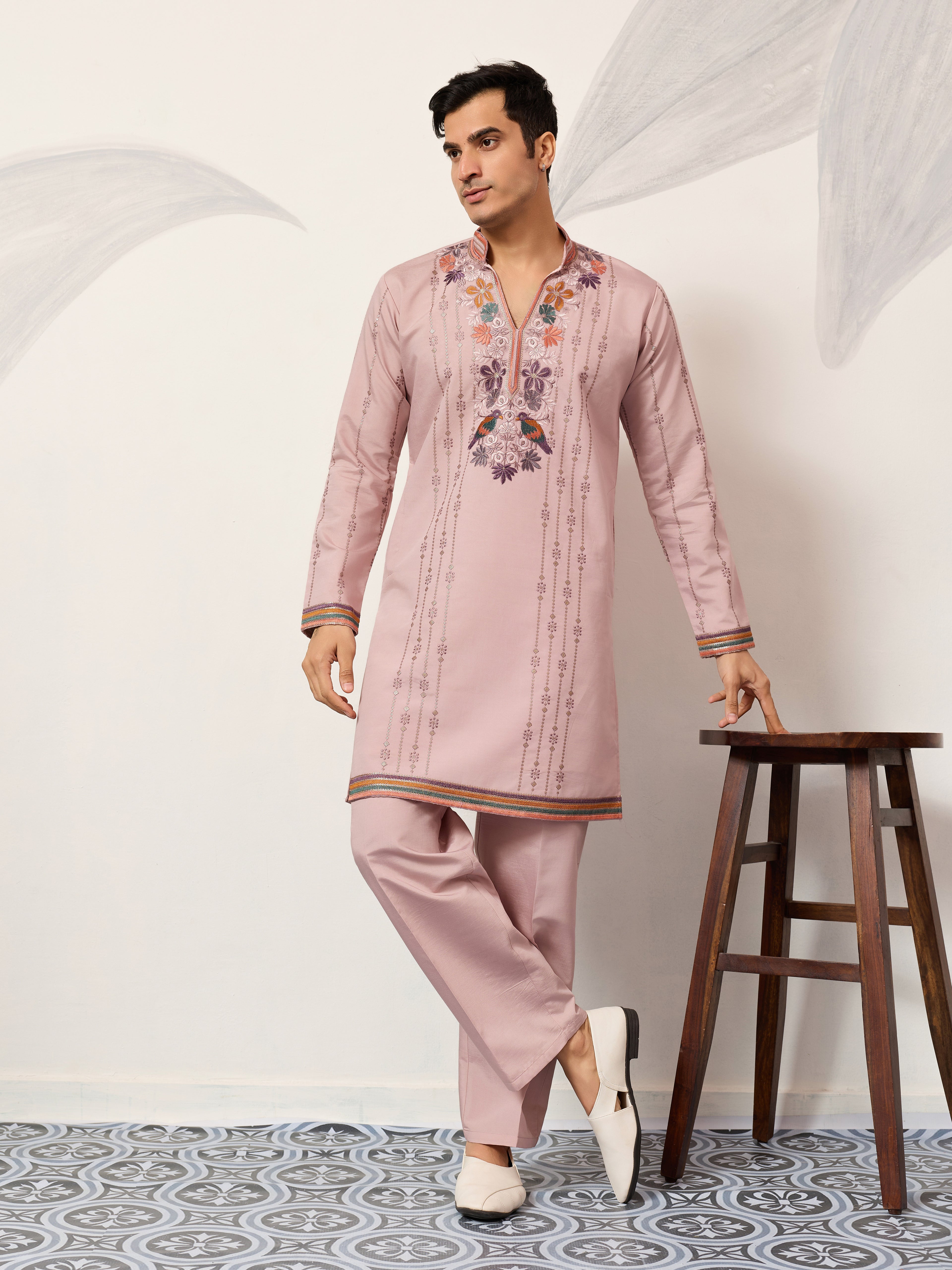 Classic Pink Embroidered V Neck Kurta Pant Outfit for Mens Wear