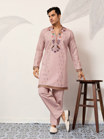 Classic Pink Embroidered V Neck Kurta Pant Outfit for Mens Wear
