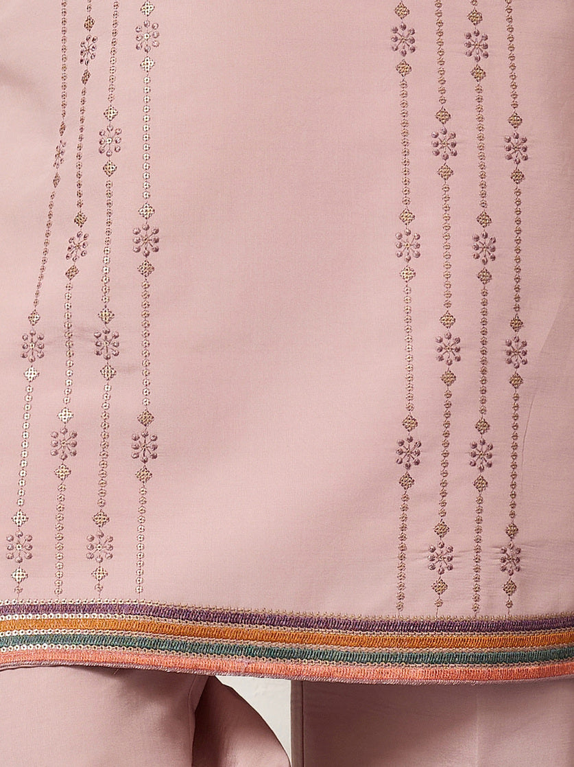 Classic Pink Embroidered V Neck Kurta Pant Outfit for Mens Wear