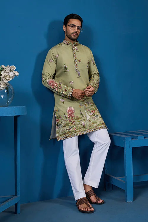 Traditional Pista Green Embroidered Kurta for Men