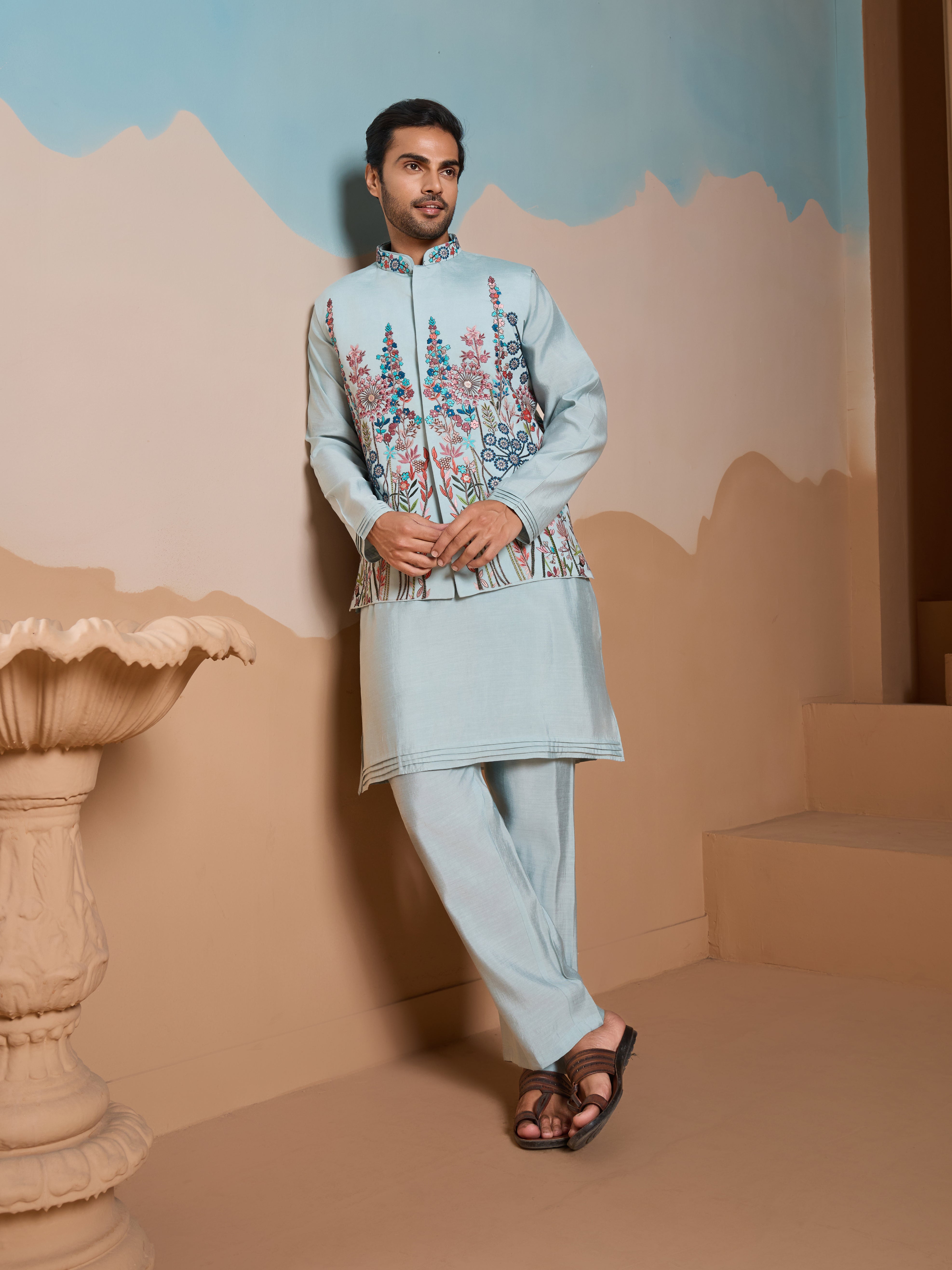 Unique Pista Color Koti Kurta Set for Men’s Style