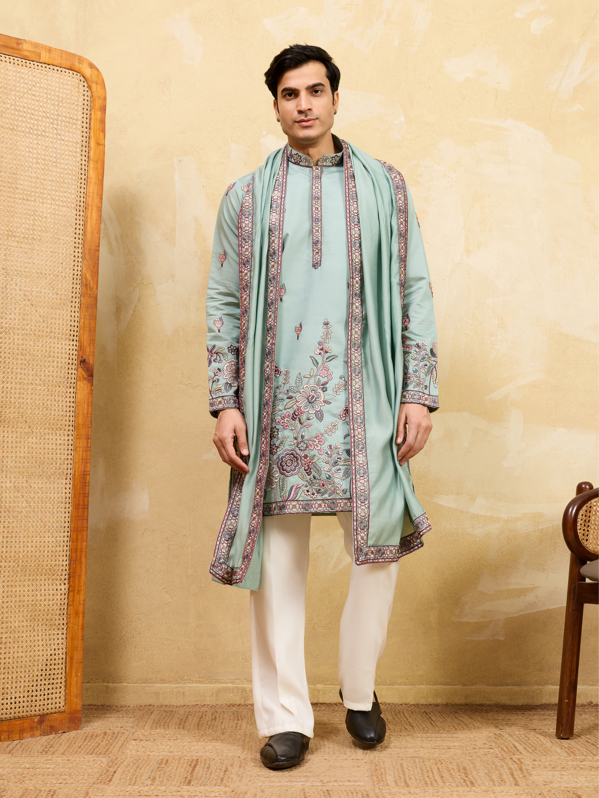 Premium Pista Green Embroidered Viscose Silk Kurta and Dupatta for Men