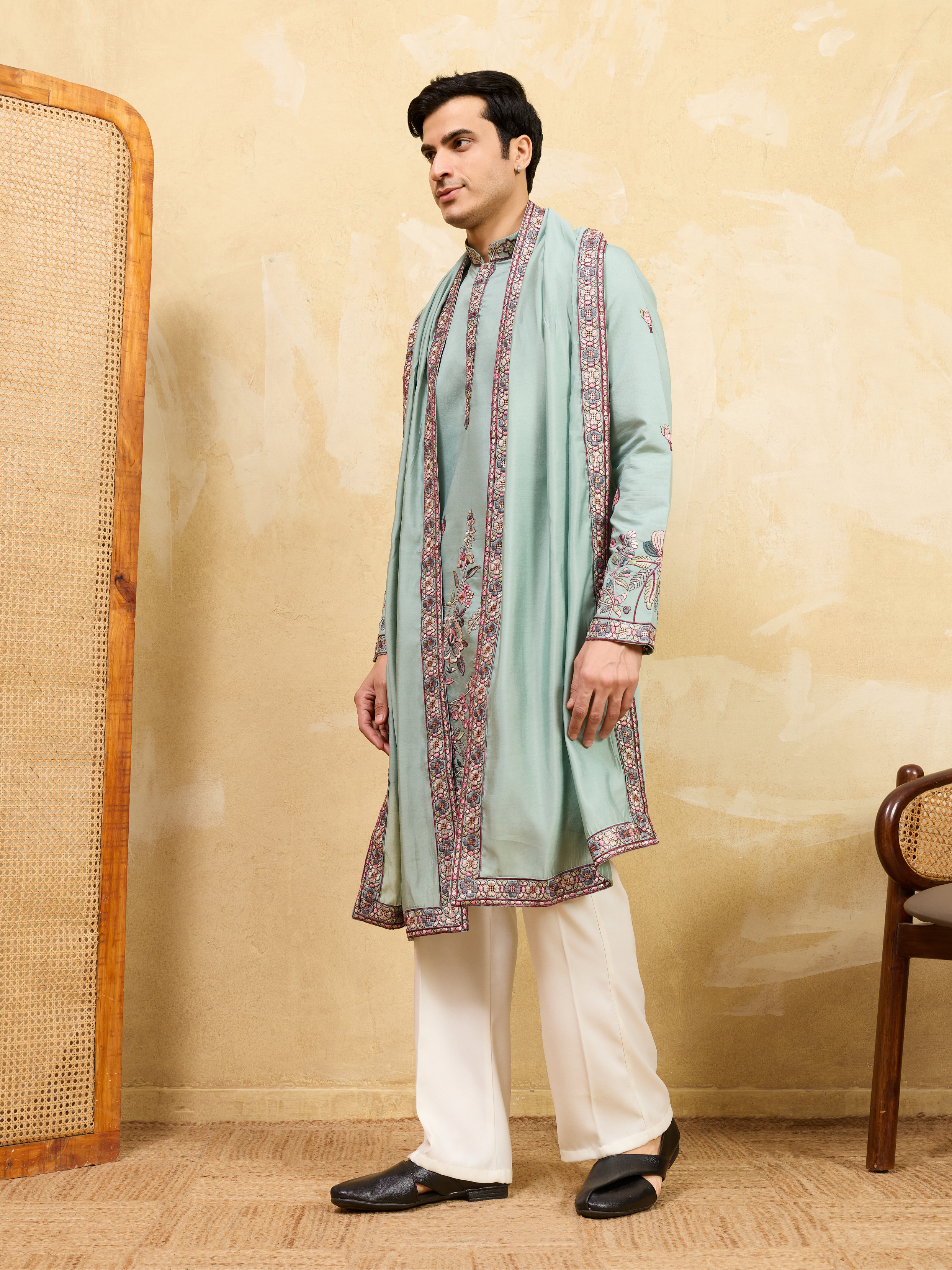 Premium Pista Green Embroidered Viscose Silk Kurta and Dupatta for Men

