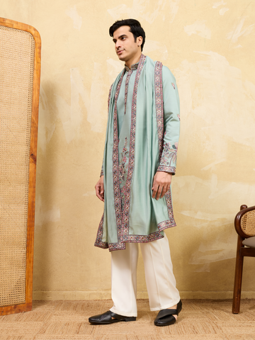 Premium Pista Green Embroidered Viscose Silk Kurta and Dupatta for Men
