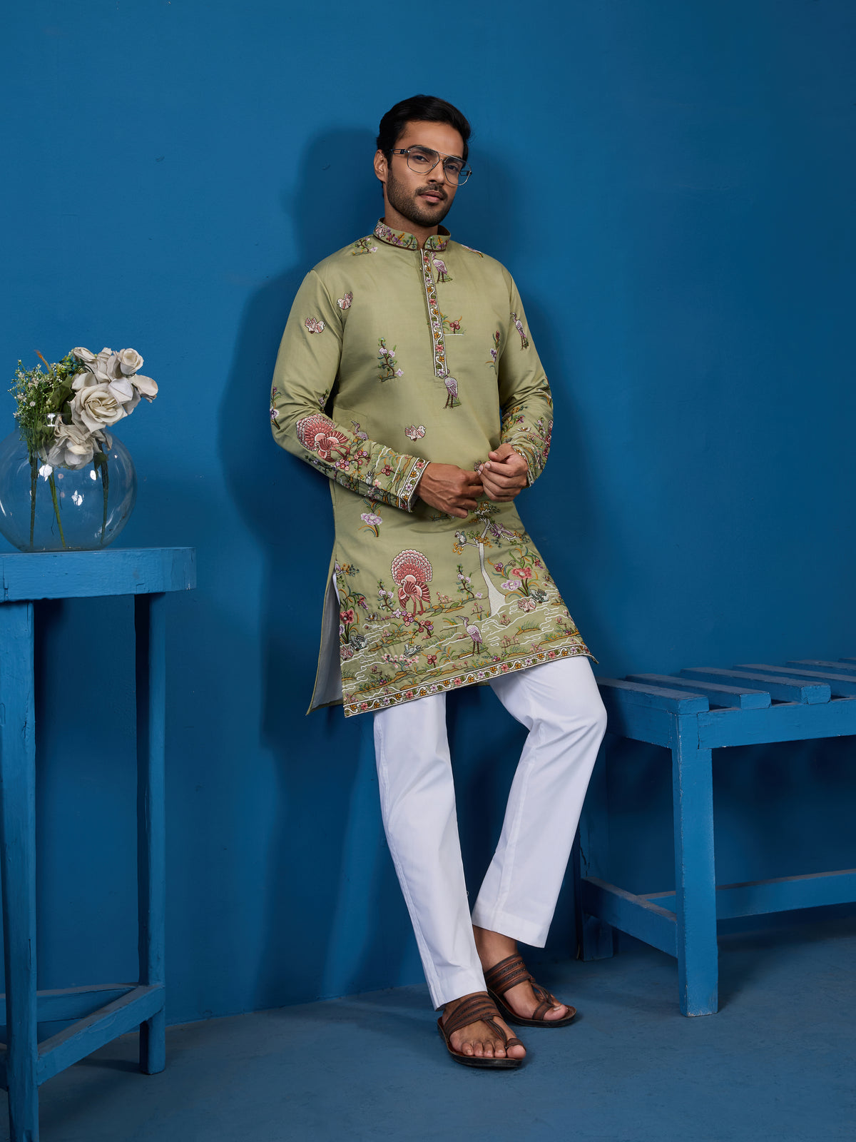 Traditional Pista Green Embroidered Kurta for Men