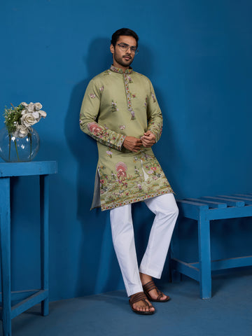 Traditional Pista Green Embroidered Kurta for Men