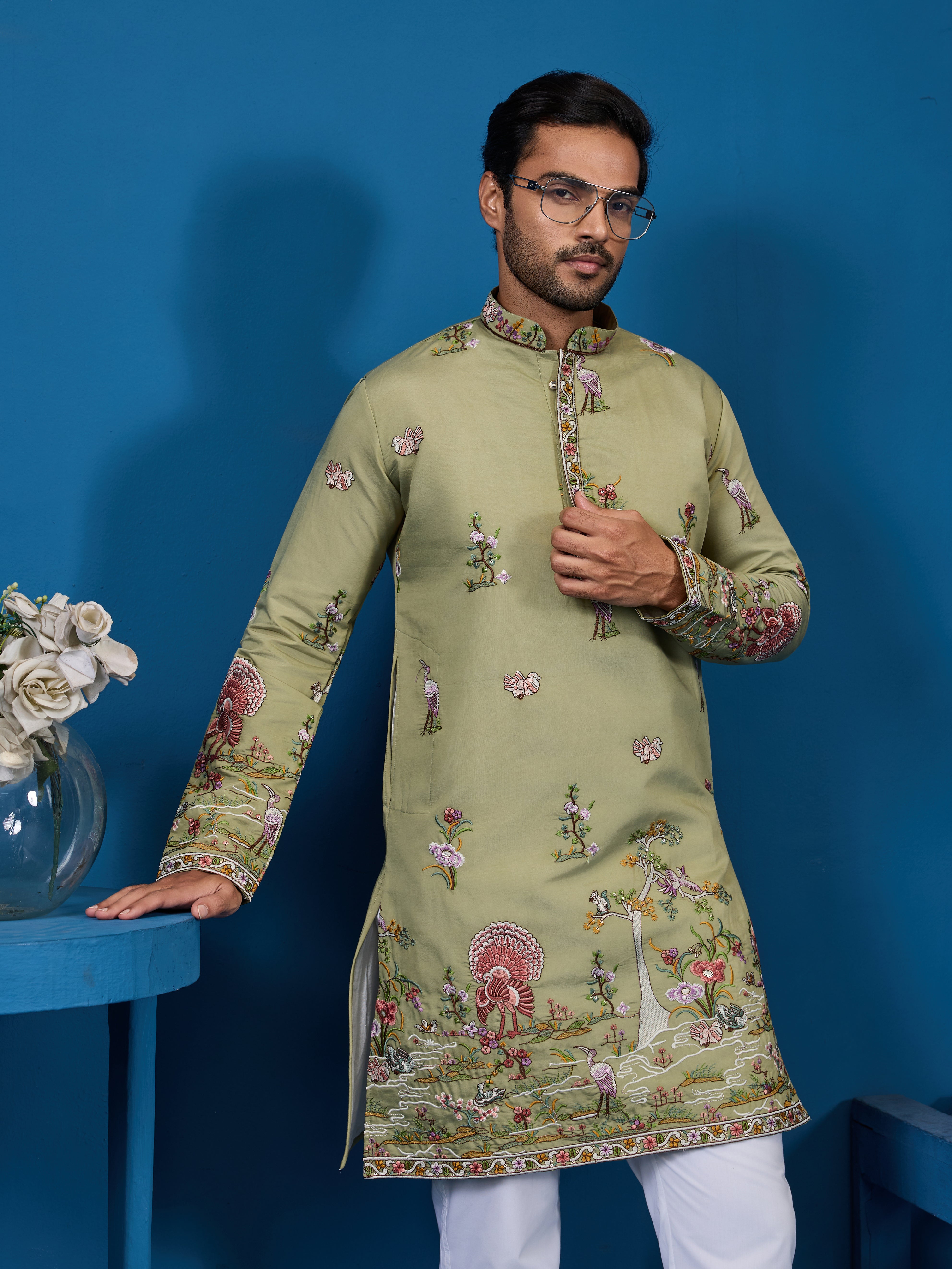 Traditional Pista Green Embroidered Kurta for Men