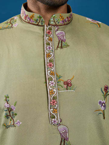 Traditional Pista Green Embroidered Kurta for Men