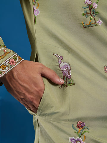 Traditional Pista Green Embroidered Kurta for Men