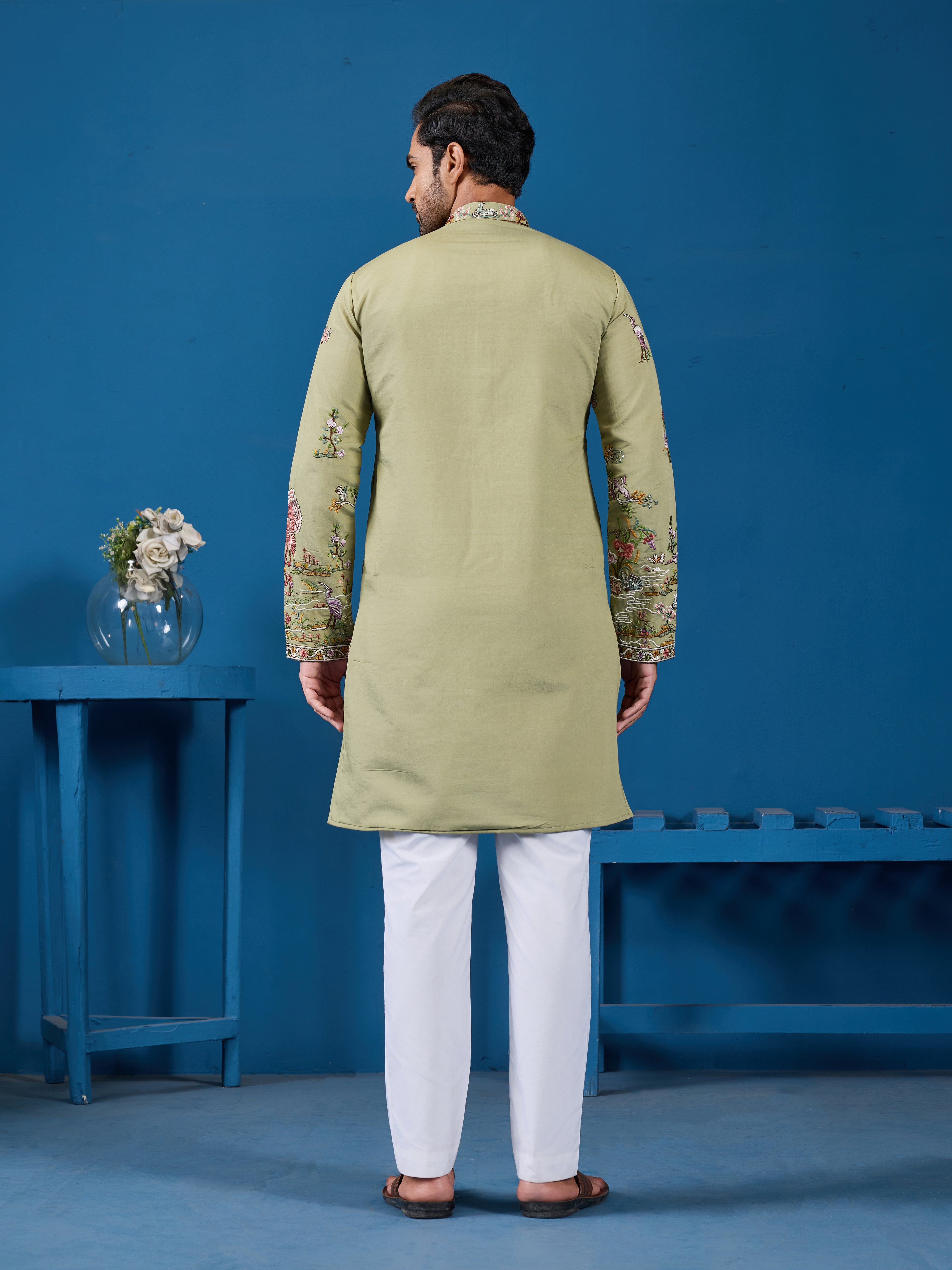 Traditional Pista Green Embroidered Kurta for Men