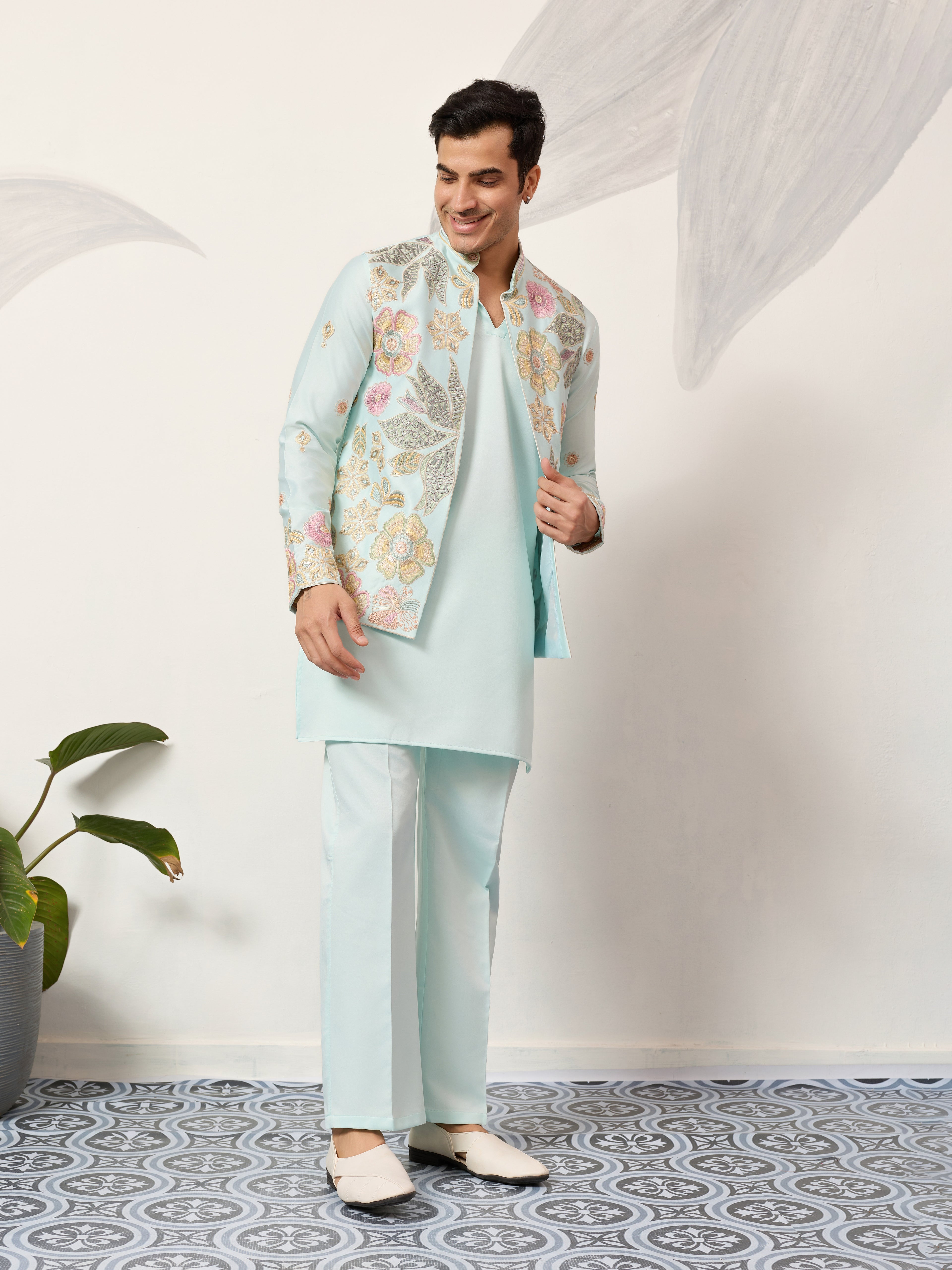 Luxury Wedding & Carnival Wear Pista Green Koti Kurta for Men
