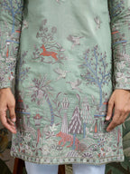 Premium Pista Green Viscose Silk party wear kurta for men