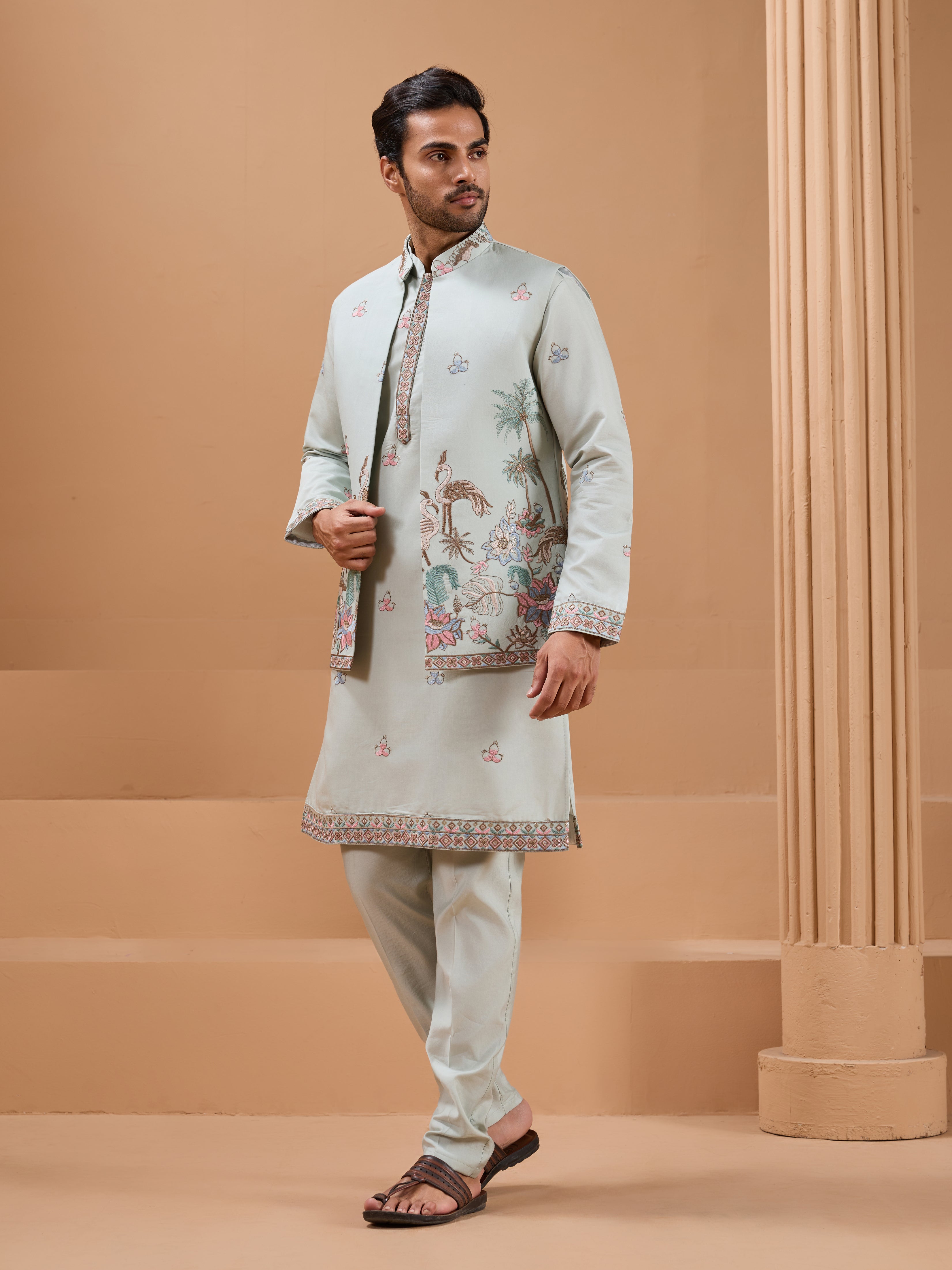 
Pista Green Color Embroidered and Sequence Mens Kurta Jacket and Pant Set