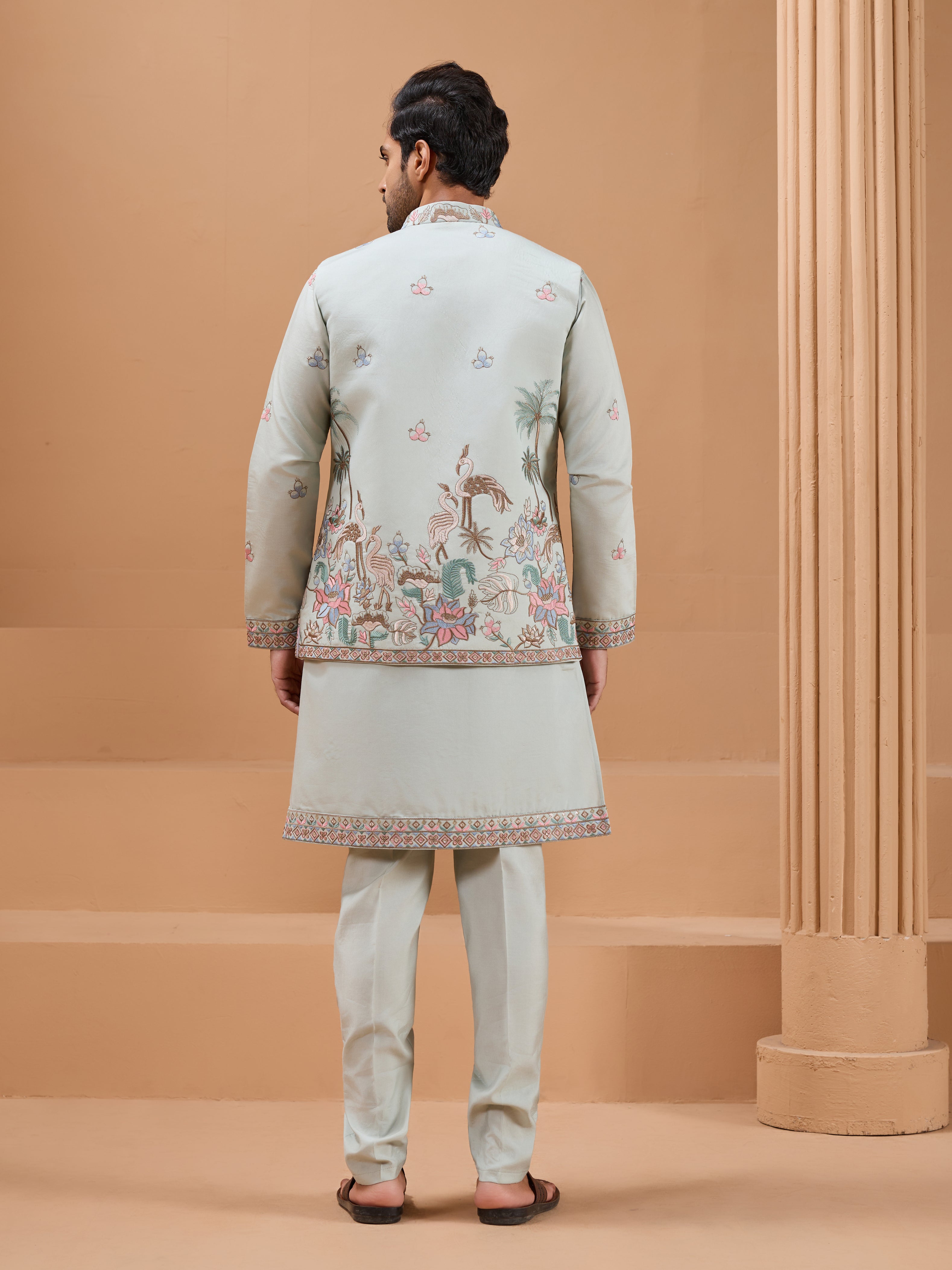
Pista Green Color Embroidered and Sequence Mens Kurta Jacket and Pant Set