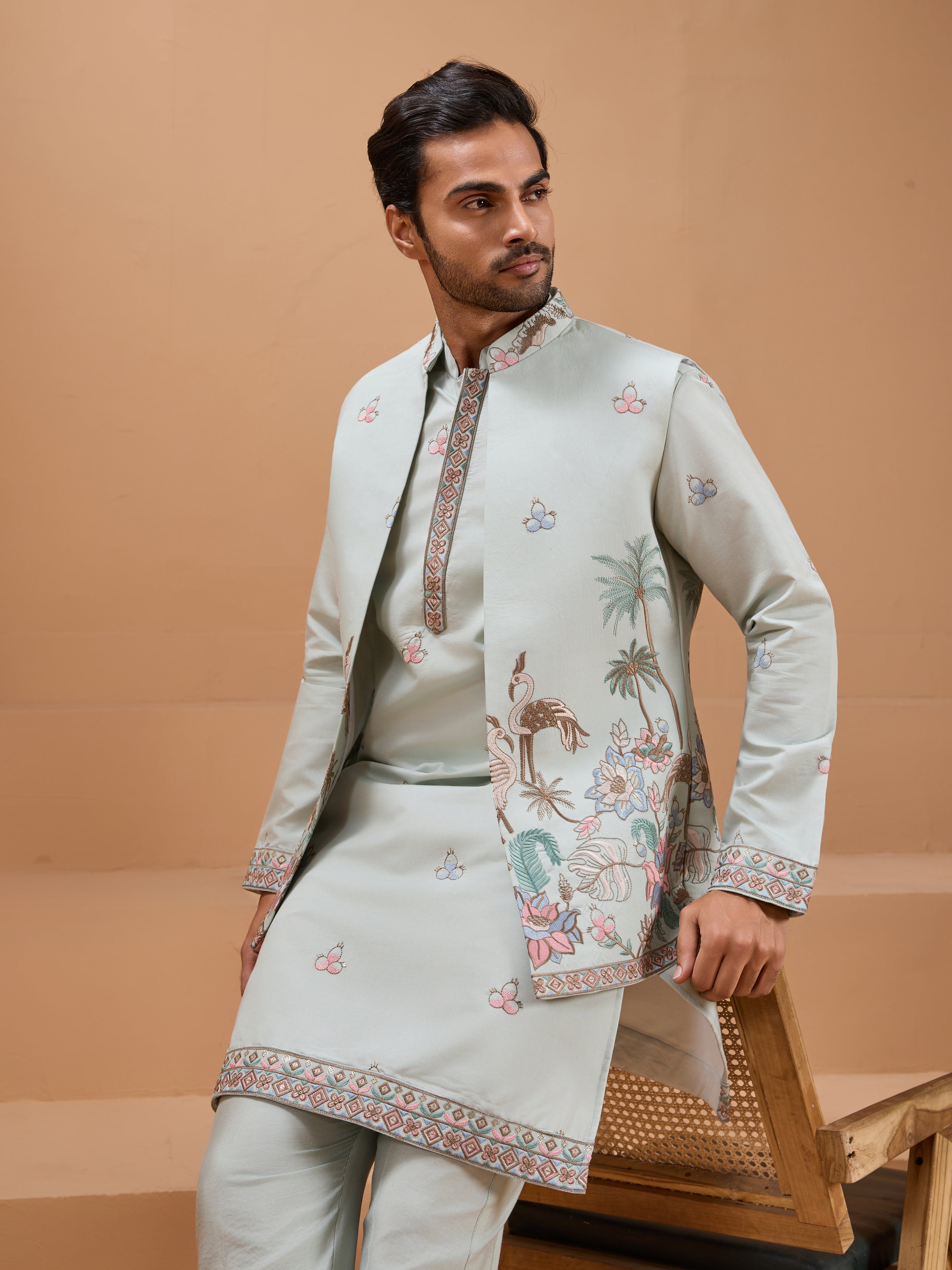
Pista Green Color Embroidered and Sequence Mens Kurta Jacket and Pant Set