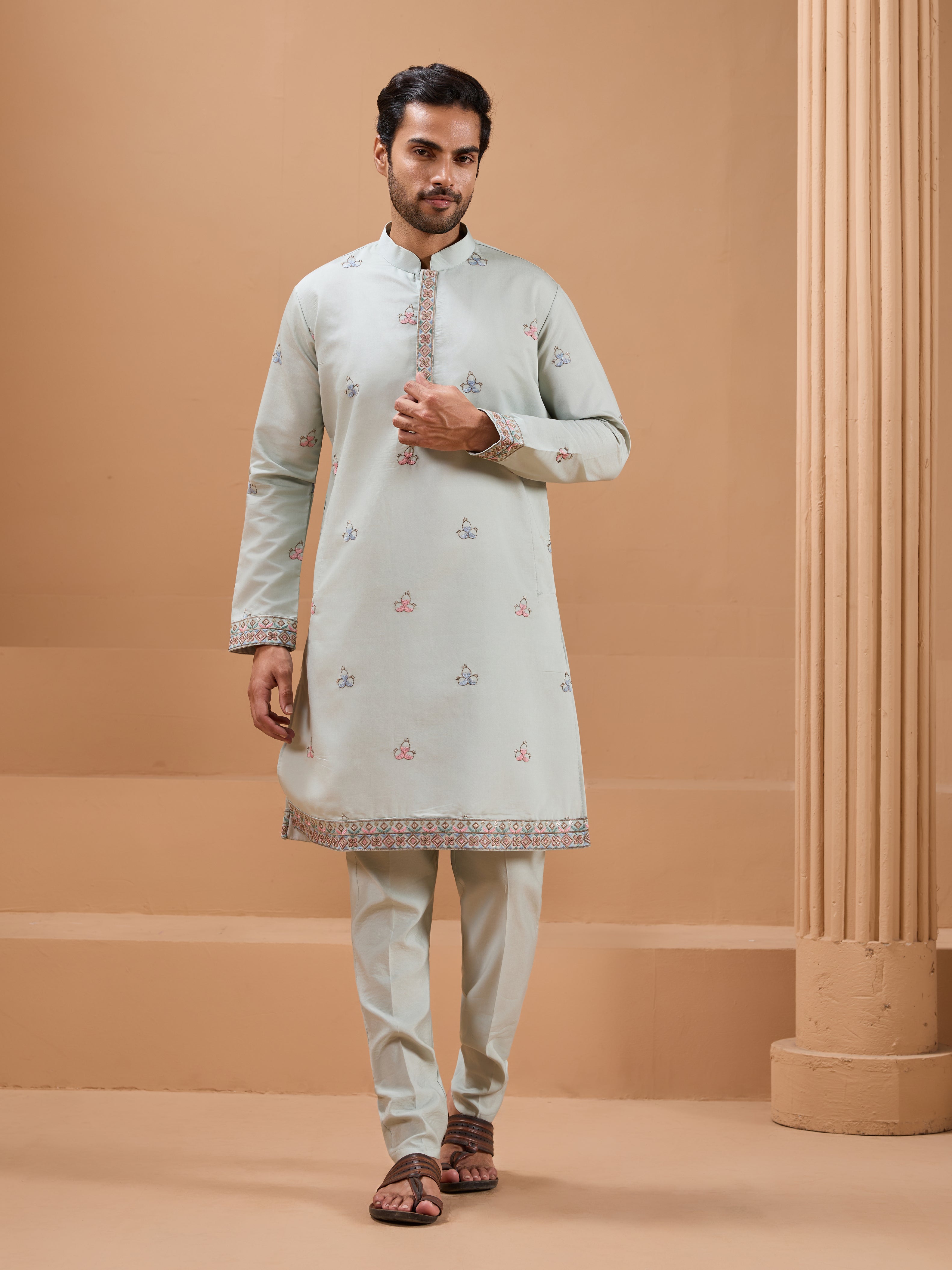 Pista Green Color Embroidered and Sequence Mens Kurta Jacket and Pant Set