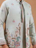 Pista Green Color Embroidered and Sequence Mens Kurta Jacket and Pant Set