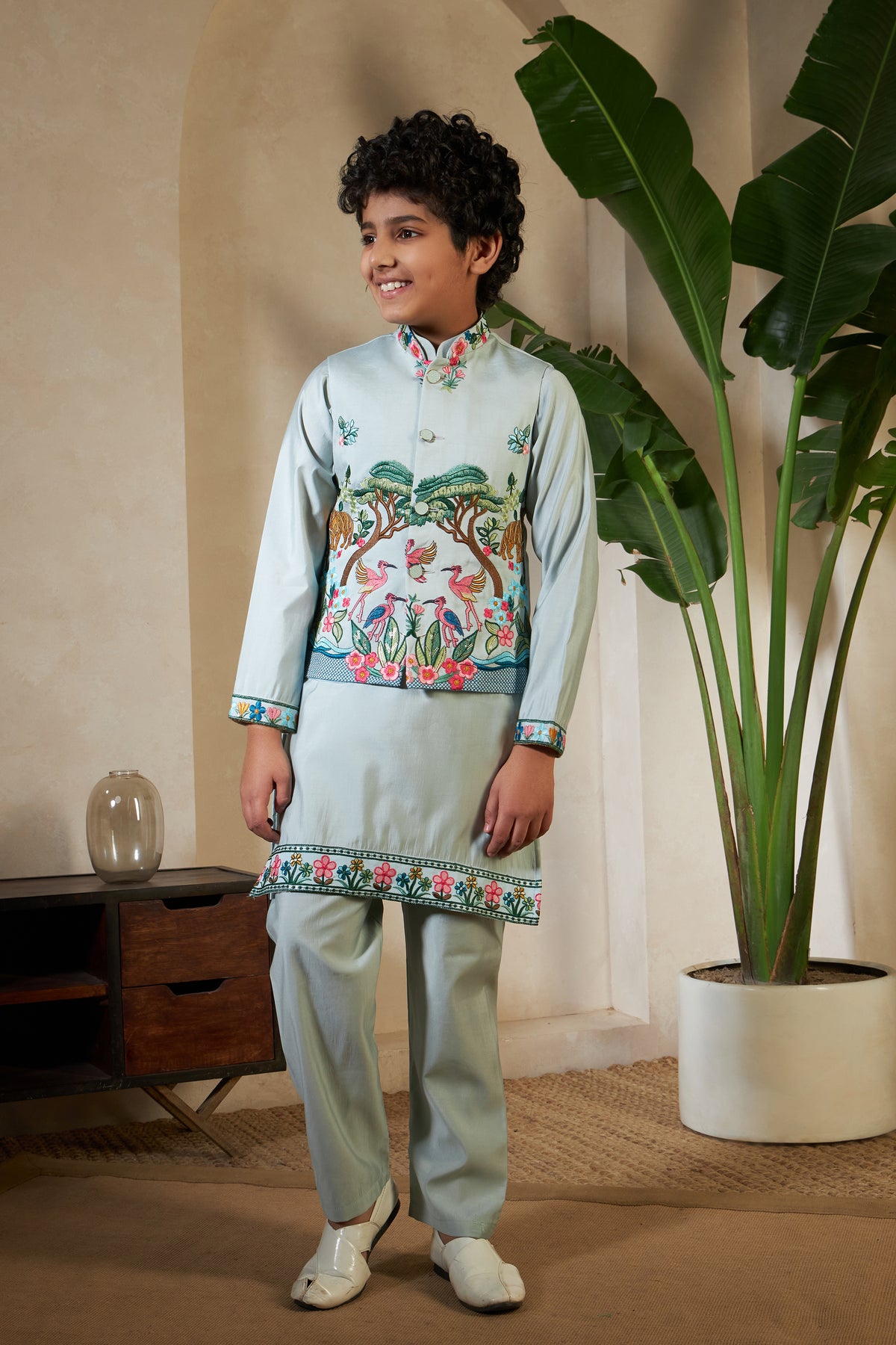 Kids Pista Viscose Silk Kurta Set with Embroidered Koti
