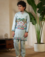 Kids Pista Viscose Silk Kurta Set with Embroidered Koti