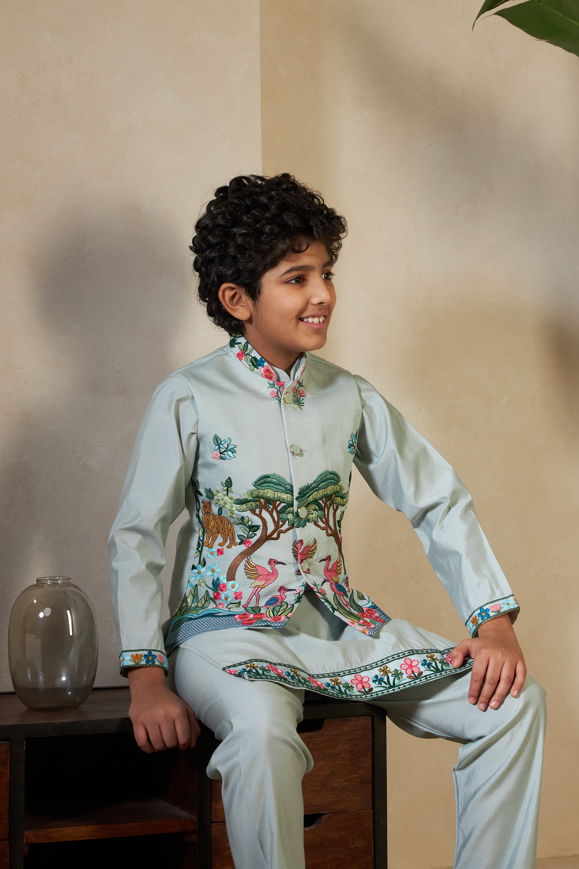 Kids Pista Viscose Silk Kurta Set with Embroidered Koti

