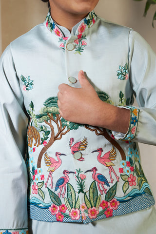 Kids Pista Viscose Silk Kurta Set with Embroidered Koti
