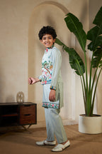 Kids Pista Viscose Silk Kurta Set with Embroidered Koti
