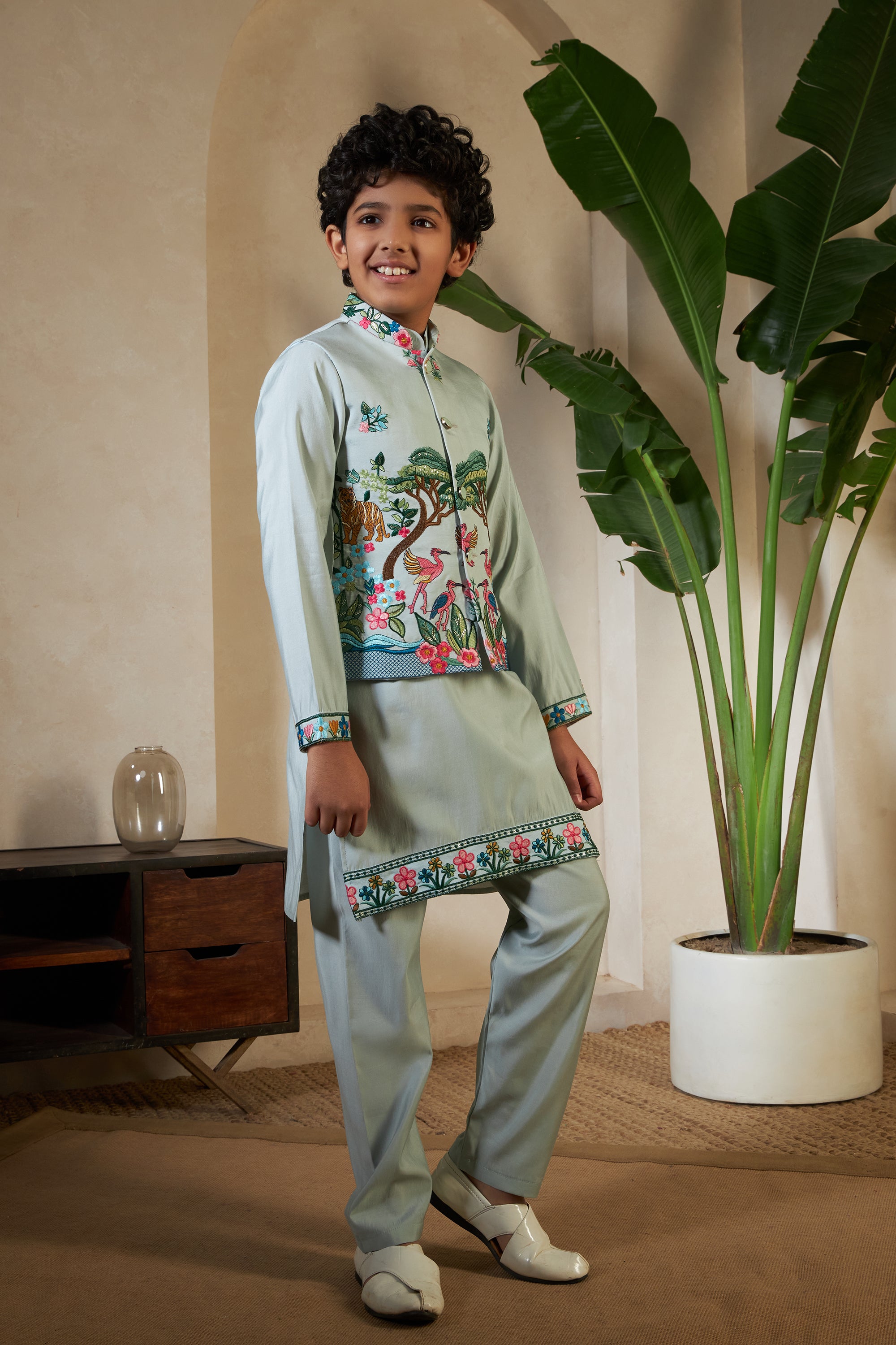 Kids Pista Viscose Silk Kurta Set with Embroidered Koti
