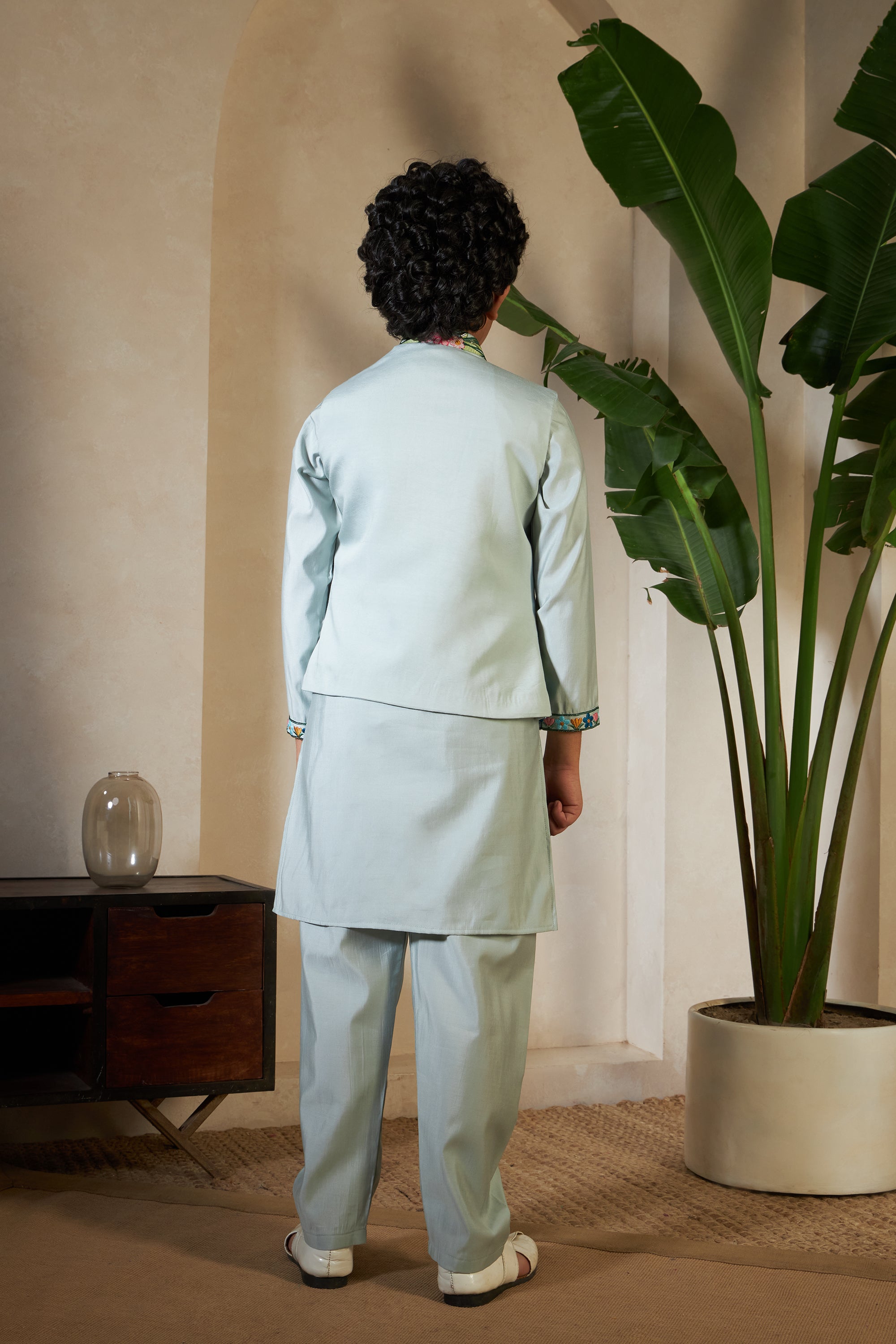 Kids Pista Viscose Silk Kurta Set with Embroidered Koti
