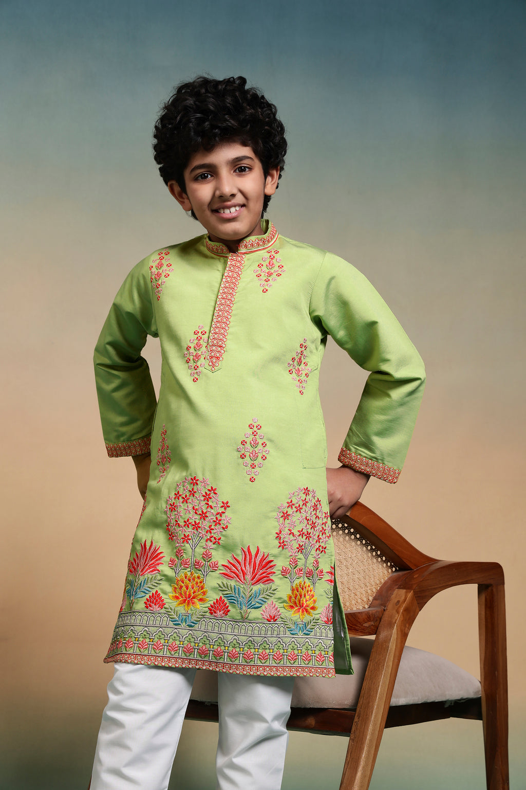 Ethnic Pista Viscose Silk Embroidered Work Kurta Set