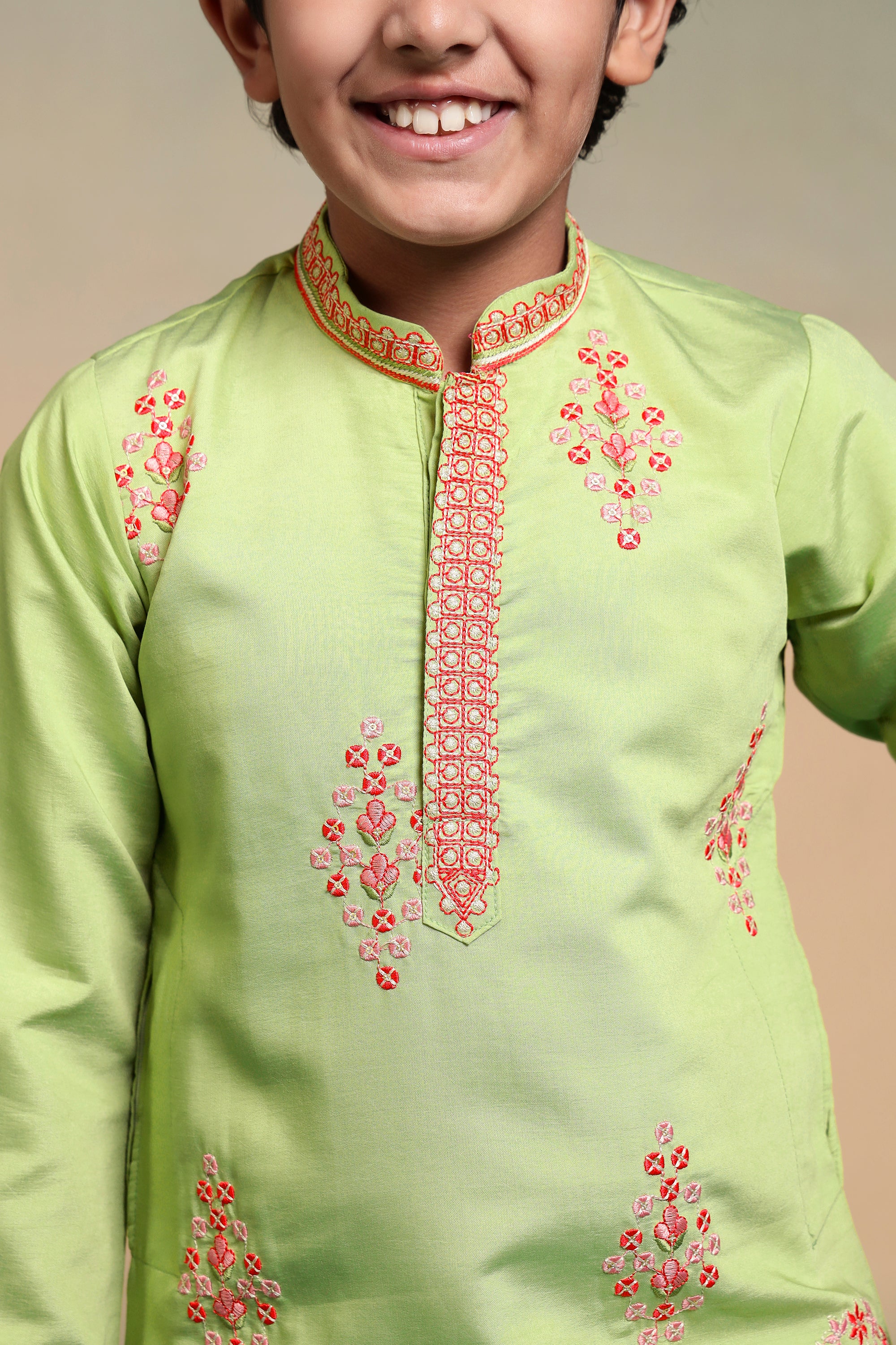 Ethnic Pista Viscose Silk Embroidered Work Kurta Set