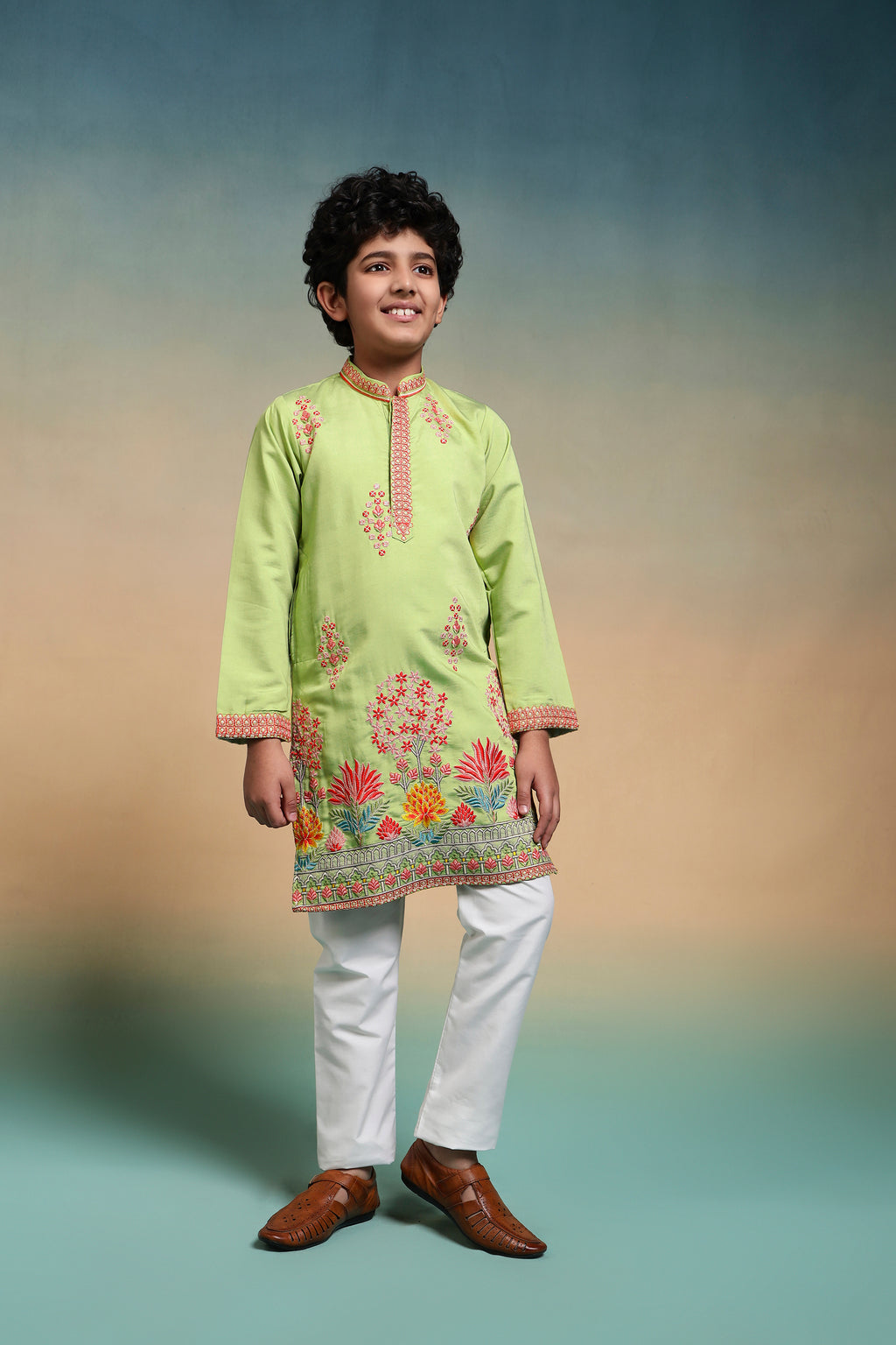 Ethnic Pista Viscose Silk Embroidered Work Kurta Set